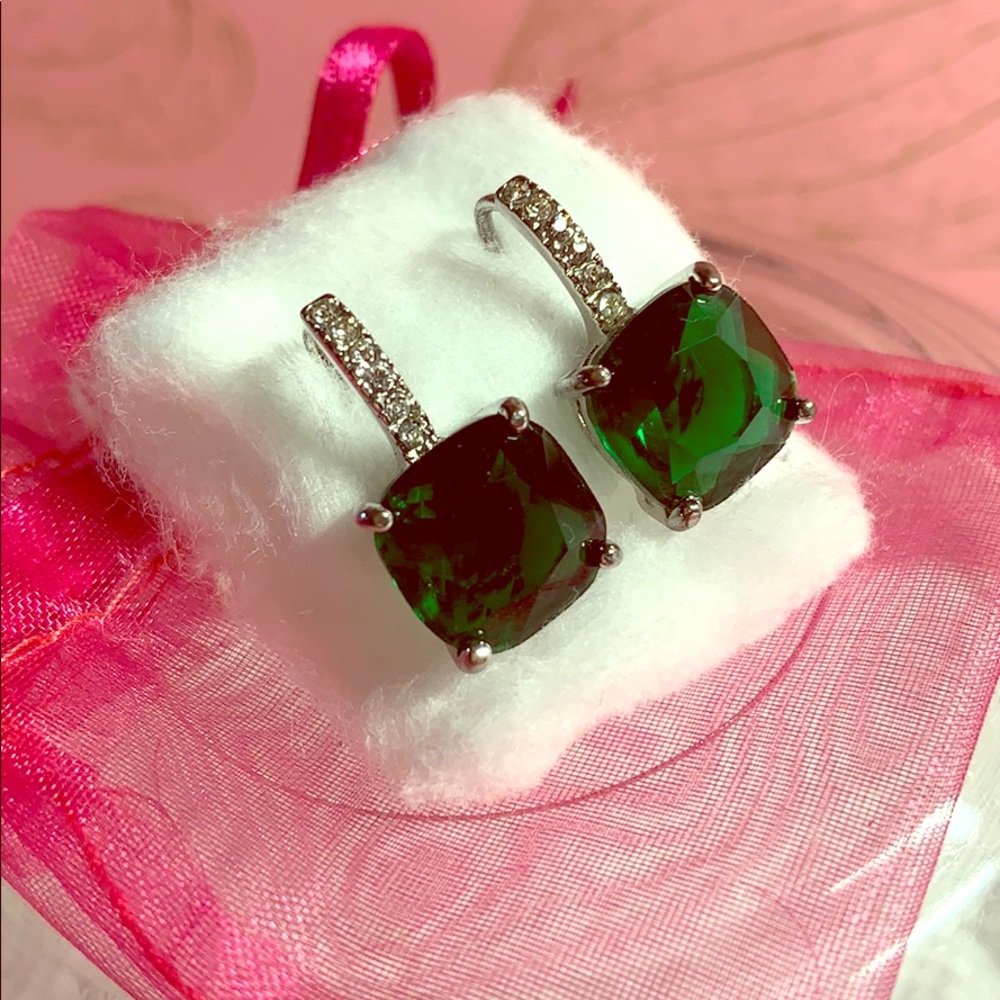 CZ and emerald cushion cut lever back earrings